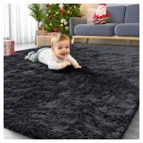 OLANLY Area Rugs for Living Room Bedroom, Machine Washable 4x5.9 ft Soft Fluffy Shaggy Bedside Rug, Indoor Floor Carpet for Kids Girls and Boys, Dorms, Nursery Rooms, Home Decor Aesthetic, Black