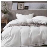 JELLYMONI Washed Cotton Duvet Cover - Off White, Queen Size 90x90 Inches, 3-Piece Bedding Set with Button Closure, Includes 1 Duvet Cover & 2 Pillowcases (Comforter Not Included)