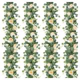 TOCHGREEN 4 Pack 24Ft Artificial Eucalyptus Flower Garland with Champagne Roses, Fake Rose Flower Greenery Garland Floral Vines for Wedding Home Party Table Runner Decor (4PCS, Champagne)