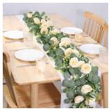 TOCHGREEN 4 Pack 24Ft Artificial Eucalyptus Flower Garland with Champagne Roses, Fake Rose Flower Greenery Garland Floral Vines for Wedding Home Party Table Runner Decor (4PCS, Champagne)