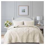 Ivory Damask Quilt Queen Size Bedding Sets with 2 Pillow Shams, Cream Boho Bedspread Lightweight Soft Farmhouse Vintage Bohemian Coverlet Retro Jacquard Pattern Bed Cover for All Season, 3 Pieces
