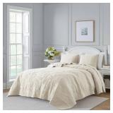 Ivory Damask Quilt Queen Size Bedding Sets with 2 Pillow Shams, Cream Boho Bedspread Lightweight Soft Farmhouse Vintage Bohemian Coverlet Retro Jacquard Pattern Bed Cover for All Season, 3 Pieces