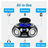 MEGATEK Portable CD Player Boombox with FM Radio, Bluetooth, USB Port, AUX Input, and Headphone Jack CD-R/CD-RW/MP3-CD Compatible, Clear Stereo Sound, Backlit LCD Display Black
