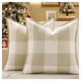 decorUhome Christmas Buffalo Plaid Check Throw Pillow Covers 16x16 Set of 2, Outdoor Linen Decorative Farmhouse Gingham Pillow Covers with Stitched Edge for Bed Couch Sofa, Cream White and Beige