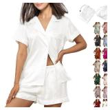 WJing Yi Jia Womens 3Pcs Pajamas Sets Silk Satin Sleepwear Button Down Short Sleeve Shirt Pjs Loungewear Small