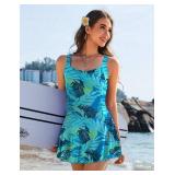 Ekouaer Swim Dress One Piece Bathing Suit Skirted Swimsuits for Women Ruched Retro Swimwear XXL