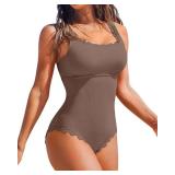 Charmo Scallop Ribbed One Piece Bathing Suit Women Square Neck Retro Modest 1 Piece Swimsuits Khaki S