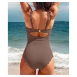 Charmo Scallop Ribbed One Piece Bathing Suit Women Square Neck Retro Modest 1 Piece Swimsuits Khaki S