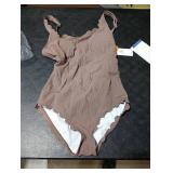 Charmo Scallop Ribbed One Piece Bathing Suit Women Square Neck Retro Modest 1 Piece Swimsuits Khaki S