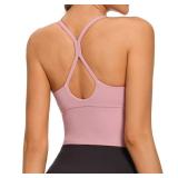VIBOJOY Longline Strappy Padded Sports Bras Workout Running Tank Crop Tops Yoga Gym Fitness Activewear for Women(Pink,Small)