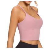 VIBOJOY Longline Strappy Padded Sports Bras Workout Running Tank Crop Tops Yoga Gym Fitness Activewear for Women(Pink,Small)