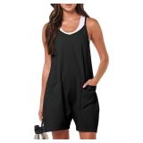 ANRABESS Womens Rompers Summer Casual Loose Sleeveless Overalls Spaghetti Strap Shorts Jumpsuit 2025 Beach Vacation Outfits Black Medium