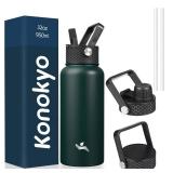 Konokyo 32 oz Insulated Water Bottle Stainless Steel Sport Bottles with 3 Lids,Army Green