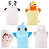 Shappy 4 Pieces Baby Bath Mitt Washcloths Gloves Panda Toddler Soft Washcloths for Kids Designed in Cute Animal Yellow Duck Shark Sheep Cotton Towel Gentle Scrub for Baby Girl Boy Bath Shower