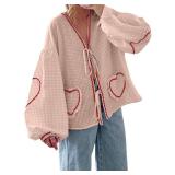 Giraropa Women Plaid Tie Front Top Cute Trim Patchwork Shirt Summer Y2k Puff Long Sleeve V Neck Lace Up Loose Blouse(Light Khaki,Medium)