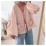 Giraropa Women Plaid Tie Front Top Cute Trim Patchwork Shirt Summer Y2k Puff Long Sleeve V Neck Lace Up Loose Blouse(Light Khaki,Medium)