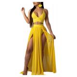 Women Sexy 2 Piece Outfits Dress Chiffon Strap Deep V Neck Bra Crop Top High Split Maxi Dresses Skirt Set Swimwear Cover Ups Yellow XL