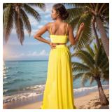 Women Sexy 2 Piece Outfits Dress Chiffon Strap Deep V Neck Bra Crop Top High Split Maxi Dresses Skirt Set Swimwear Cover Ups Yellow XL