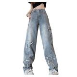 Sunidol Womens Pentagram Patchwork High Waist Baggy Cargo Jeans with Pocket Vintage 90s Y2K Grunge Straight Fit Distressed Denim M