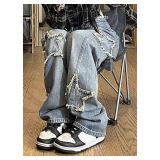 Sunidol Womens Pentagram Patchwork High Waist Baggy Cargo Jeans with Pocket Vintage 90s Y2K Grunge Straight Fit Distressed Denim M