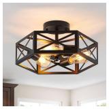 XSDeTu Semi Flush Mount Ceiling Light Fixture, Modern Farmhouse 3-Light Black Ceiling Light, Industrial Close to Ceiling Light with Metal Hexagon Cage Ceiling Lamp for Kitchen, Hallway, Bathroom