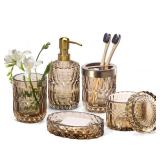 EMPO 6PCS Bathroom Clear Glass Accessories Set (Lotion Soap Dispenser, Soap Dish, Toothbrush Holder, Tumbler, Cotton Swab Jar), Contemporary Modern Decor Crystal Vintage Gift (6pcs Brown)