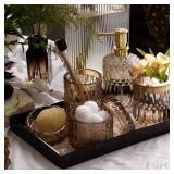 EMPO 6PCS Bathroom Clear Glass Accessories Set (Lotion Soap Dispenser, Soap Dish, Toothbrush Holder, Tumbler, Cotton Swab Jar), Contemporary Modern Decor Crystal Vintage Gift (6pcs Brown)