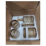 EMPO 6PCS Bathroom Clear Glass Accessories Set (Lotion Soap Dispenser, Soap Dish, Toothbrush Holder, Tumbler, Cotton Swab Jar), Contemporary Modern Decor Crystal Vintage Gift (6pcs Brown)