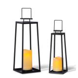 Solar Lantern Decorative Outdoor Set of 2 (18ââ & 15ââ) Modern Black Metal Lanterns with Solar Candles, Decorative Candle Lanterns for Outdoor Porch, Patio, Garden, Yard Decor