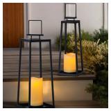 Solar Lantern Decorative Outdoor Set of 2 (18ââ & 15ââ) Modern Black Metal Lanterns with Solar Candles, Decorative Candle Lanterns for Outdoor Porch, Patio, Garden, Yard Decor