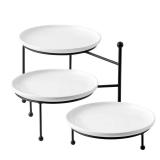 Kanwone 3 Tiered Serving Stand with White Porcelain Plates, 10\" Round Tray, Dessert Table Display Set, Black Metal Stand, Versatile & Durable