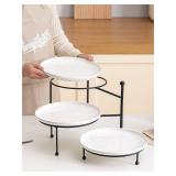 Kanwone 3 Tiered Serving Stand with White Porcelain Plates, 10\" Round Tray, Dessert Table Display Set, Black Metal Stand, Versatile & Durable