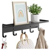 Bethom Wall Shelf with Hooks, Metal Coat Rack Wall Mounted with 5 Hooks, 17 Inch Length Entryway Coat Hangers Storage Clothes, Bags, Purse, Keys for Living Room, Bedroom, Black