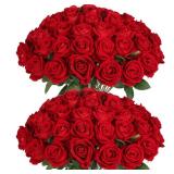 Jefuzh 50 PCS Fake Red Roses, Artificial Red Flowers Bulk Realistic Silk Faux Rose with Stems for Wedding Decoration Anniversary Bridal Bouquet DIY Floral Arrangement Romantic Home Decor Gifts