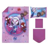 NoJo Marvel Ghost Spider, Go Ghosty Purple, Pink, and Blue 4 Piece Toddler Bed Set - Comforter, Fitted Bottom Sheet, Flat Top Sheet, and Reversible Pillowcase