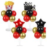 4 Sets Movie Night Party Balloons Stand Kit with Popcorn Clapboard Star Foil Balloons Red Black Gold Themed Party Balloon Centerpiece for Tables for Birthday Camera Film Party Movie Themed Decorations