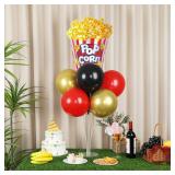 4 Sets Movie Night Party Balloons Stand Kit with Popcorn Clapboard Star Foil Balloons Red Black Gold Themed Party Balloon Centerpiece for Tables for Birthday Camera Film Party Movie Themed Decorations