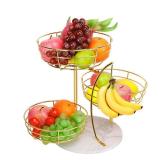 Livabber Fruit Basket Bowl with Banana Hanger, Metal Fruit Vegetable Storage Basket with Banana Holder for Kitchen Counter, Detachable Organizer for Bread Snack Produce (Gold, 3-Tier Marble Base)