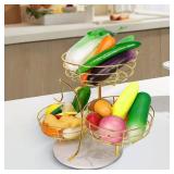 Livabber Fruit Basket Bowl with Banana Hanger, Metal Fruit Vegetable Storage Basket with Banana Holder for Kitchen Counter, Detachable Organizer for Bread Snack Produce (Gold, 3-Tier Marble Base)