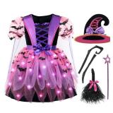 Spooktacular Creations Girls Light Up Witch Costume, Kids Witch Costume with Hat and Broom for Toddler Halloween Dress Up Parties (Small (5-7 yr))