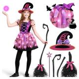 Spooktacular Creations Girls Light Up Witch Costume, Kids Witch Costume with Hat and Broom for Toddler Halloween Dress Up Parties (Small (5-7 yr))