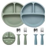 Eascrozn Baby Feeding Set, 2 Pack Silicone Divided Suction Plates for Baby, 2 Pack Spoons and Forks Set, BPA Free, Baby Led Weaning Supplies for Toddler Utensils