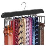 RESOVO Upgraded Tie Rack Hanger with 20 Foldable Metal Hooks, Space Saving Necktie Organizer for Men â Large Capacity Tie and Belt Wooden Hanger for Closet - Black