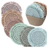 FoldTier 6 Pcs Coasters for Drinks Absorbent Boho Cotton Woven Coaster Farmhouse Tassel Macrame Coaster with Holder Housewarming Gift for Kitchen Office Coffee Table Decor, 4 in(Green Color)