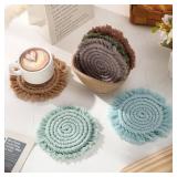 FoldTier 6 Pcs Coasters for Drinks Absorbent Boho Cotton Woven Coaster Farmhouse Tassel Macrame Coaster with Holder Housewarming Gift for Kitchen Office Coffee Table Decor, 4 in(Green Color)