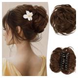 RUWISS Claw Clip Messy Bun Hair Piece Real Human Hair Buns Wavy Curly Chignon Hair Bun Extensions Updo Hair Buns Claw Clip Ponytail Hairpieces Hair Scrunchie for Women, Medium Brown 2