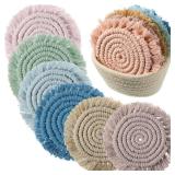 FoldTier 6 Pcs Coasters for Drinks Absorbent Boho Cotton Woven Absorbent Coaster Farmhouse Tassel Macrame Coaster with Holder Housewarming Gift for Kitchen Office Coffee Table Decor, 4 in(Morandi)