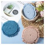 FoldTier 6 Pcs Coasters for Drinks Absorbent Boho Cotton Woven Absorbent Coaster Farmhouse Tassel Macrame Coaster with Holder Housewarming Gift for Kitchen Office Coffee Table Decor, 4 in(Morandi)