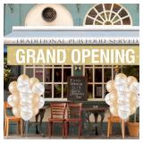 Large Grand Opening Banner 30 Piece Latex Balloons 12 Inch - Grand Opening Decorations 18 x 118 Inch Retail Store Shop Business Restaurant Banners Flag (Champagne, White)