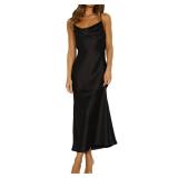 Mogidol Summer Satin Spaghetti Strap Cowl Neck Backless Midi Dresses for Women Elegant Tie Low Back Ruched Cocktail Dress Black